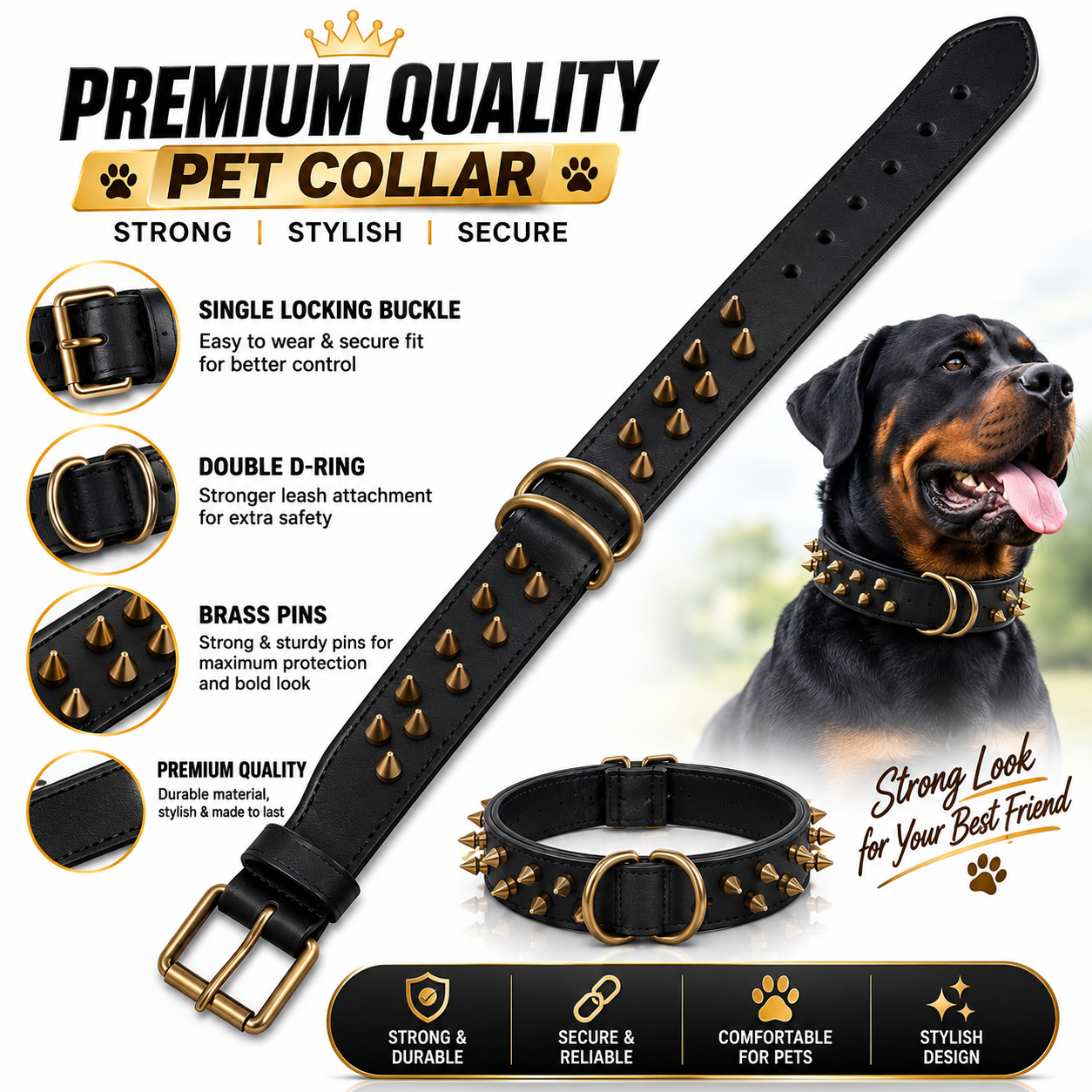 Premium Black Leather Spike Dog Collar