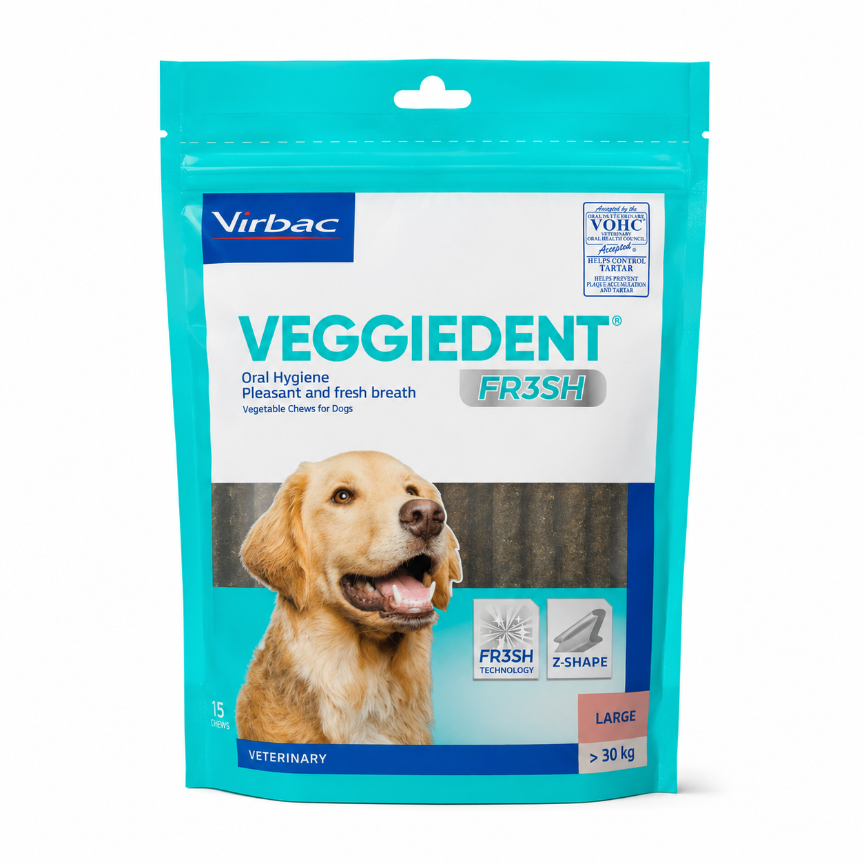 Virbac Veggiedent FR3SH Dental Chews for Dogs | Fresh Breath & Oral Care | Small (5–10kg) & Large (30kg+) | 15 Chews